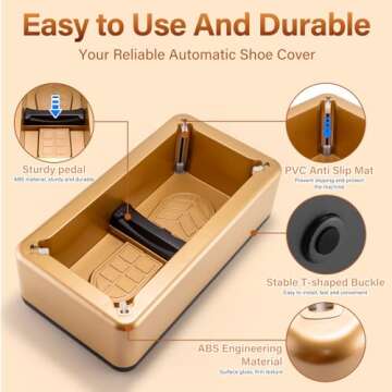 Shoe Cover Dispenser with 200 Pcs Disposable Shoe Covers Automatic Shoe Cover Dispenser Fits Size Up to 11 US Men and up for Home, Factory, Hospital （Gold)
