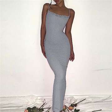 Women's Lace Long Slip Dress Sexy Sleeveless Spaghetti Strap Bodycon Maxi Dresses