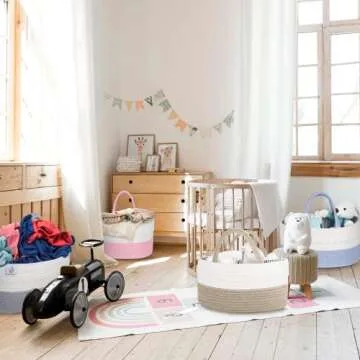 KiddyCare Woven Diaper Caddy Basket with Handle Lid Diaper Caddy Basket with Dividers for Baby Boy/Girl Nursery baby gift basket Caddy Gray Large