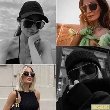 mosanana Square Aviator Sunglasses for Women Men Polarized Trendy Cool Cute Funky Fashion Oversized Large Big Retro Vintage Black Stylish Wide 70S Ladies Aesthetic Pilot UV Frame Baddie Chris