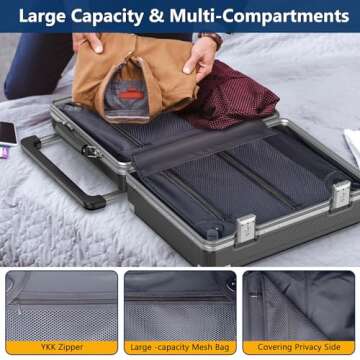 Umusjoy Carry On Luggage, 22x14x9 Inch Airline Approved Aluminum Hard Shell Suitcase with Spinner Wheel, 2 USB Port, Front Laptop Compartment, Cup Holder,TSA Lock (Deep Black with Wide Handle-L02)