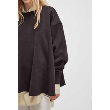 Ardrem Women Ruffled Hem Oversized Sweatshirts Exposed Seams Drop Shoulder Peplum Pullover Tops Babydoll Flowy Tunic Tops Black