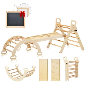 BlueWood Pikler Triangle Set, 7-in-1 Foldable Wooden Toddler Climbing Toys Indoor Playground Jungle Gym Montessori Climber for 2-6 Years Old, Baby, Kids (Natural)