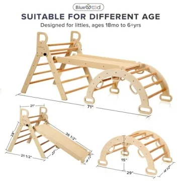 BlueWood Pikler Triangle Set, 7-in-1 Foldable Wooden Toddler Climbing Toys Indoor Playground Jungle Gym Montessori Climber for 2-6 Years Old, Baby, Kids (Natural)