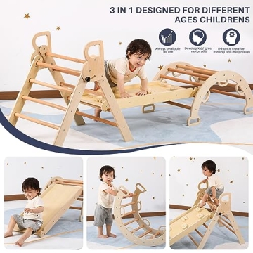BlueWood Pikler Triangle Set, 7-in-1 Foldable Wooden Toddler Climbing Toys Indoor Playground Jungle Gym Montessori Climber for 2-6 Years Old, Baby, Kids (Natural)