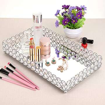 Hipiwe Crystal Cosmetic Makeup Tray - Large Mirrored Vanity Tray Jewelry Trinket Organizer TrayTray ...