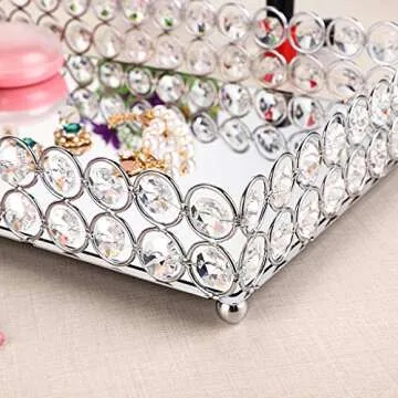 Hipiwe Crystal Cosmetic Makeup Tray - Large Mirrored Vanity Tray Jewelry Trinket Organizer TrayTray Home Decorative Dresser Tray Bathroom Tray, 13.7"x 7.87"