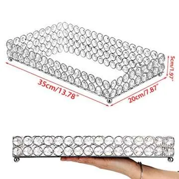 Hipiwe Crystal Cosmetic Makeup Tray - Large Mirrored Vanity Tray Jewelry Trinket Organizer TrayTray Home Decorative Dresser Tray Bathroom Tray, 13.7"x 7.87"