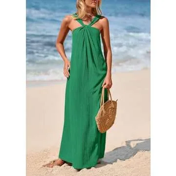 PRETTYGARDEN Womens 2025 Casual Long Summer Dresses Sleeveless Strappy Loose Flowy Beach Vacation Maxi Dress with Pockets (Dark Green,Medium)