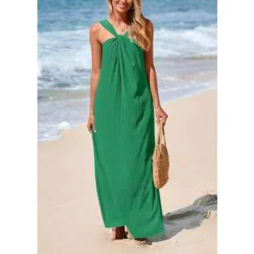 PRETTYGARDEN Womens 2025 Casual Long Summer Dresses Sleeveless Strappy Loose Flowy Beach Vacation Maxi Dress with Pockets (Dark Green,Medium)