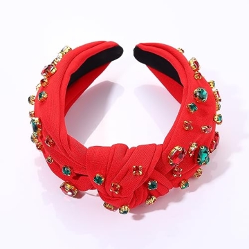 Christmas Headband Crystal Knotted Headbands for Women Girls Red Green Rhinestone Jeweled Embellished Wide Top Knot Hairband Xmas Holiday Party Hair Accessories