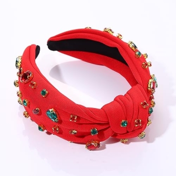 Christmas Headband Crystal Knotted Headbands for Women Girls Red Green Rhinestone Jeweled Embellished Wide Top Knot Hairband Xmas Holiday Party Hair Accessories
