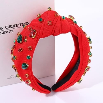 Christmas Headband Crystal Knotted Headbands for Women Girls Red Green Rhinestone Jeweled Embellished Wide Top Knot Hairband Xmas Holiday Party Hair Accessories