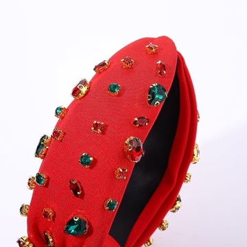 Christmas Headband Crystal Knotted Headbands for Women Girls Red Green Rhinestone Jeweled Embellished Wide Top Knot Hairband Xmas Holiday Party Hair Accessories