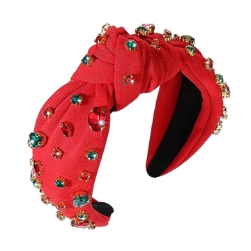 Christmas Headband Crystal Knotted Headbands for Women Girls Red Green Rhinestone Jeweled Embellished Wide Top Knot Hairband Xmas Holiday Party Hair Accessories
