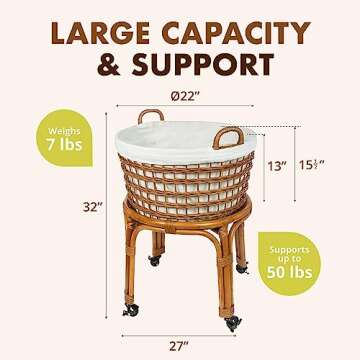 KOUBOO Rolling Wicker Laundry Basket with Detachable Stand