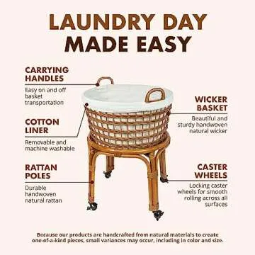KOUBOO Rolling Wicker Laundry Basket with Detachable Stand