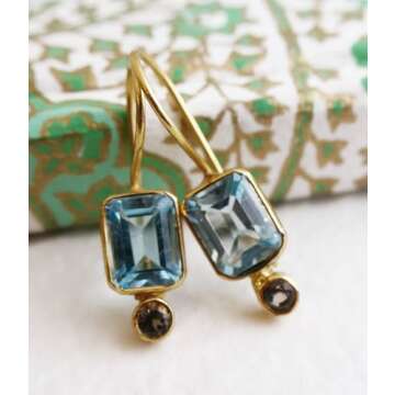 Blue Topaz and Smoky Quartz Gold Plated Sterling Silver Drop Earrings - Handmade Mother's Day Jewelr...