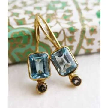Blue Topaz and Smoky Quartz Gold Plated Sterling Silver Drop Earrings - Handmade Mother's Day Jewelr...