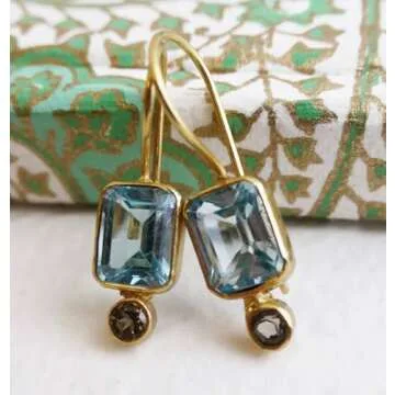 Blue Topaz and Smoky Quartz Gold Plated Sterling Silver Drop Earrings - Handmade Mother's Day Jewelry Gift Ideas for Women - Natural Gem Gemstone - Birthstone Birthday Gift (Topaz and Smoky Quartz)