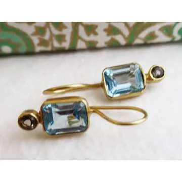 Blue Topaz and Smoky Quartz Gold Plated Sterling Silver Drop Earrings - Handmade Mother's Day Jewelry Gift Ideas for Women - Natural Gem Gemstone - Birthstone Birthday Gift (Topaz and Smoky Quartz)