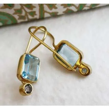 Blue Topaz and Smoky Quartz Gold Plated Sterling Silver Drop Earrings - Handmade Mother's Day Jewelry Gift Ideas for Women - Natural Gem Gemstone - Birthstone Birthday Gift (Topaz and Smoky Quartz)