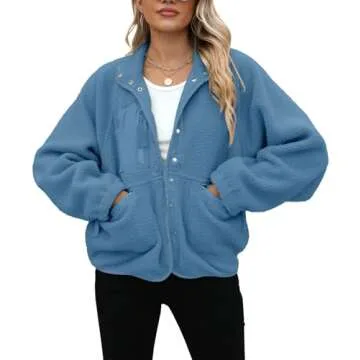 Yanekop Womens Fleece Jacket Fuzzy Long Sleeve Short Coats Button Down Sherpa Outerwear with Pockets(A Dusty Blue,M)