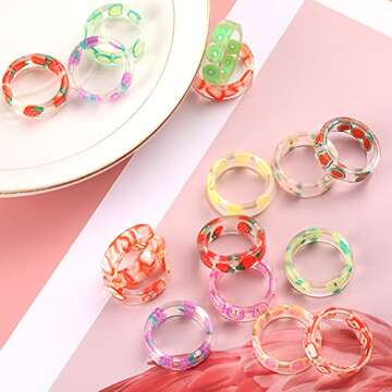 24 Pieces Resin Fruit Rings Set Cute Finger Rings Plastic Resin Ring Colorful Rings Fruit Ring Jewelry for Women and Teen Girl