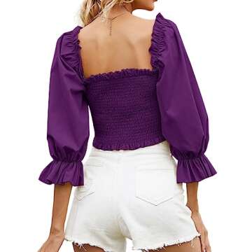 Rooscier Women's Puff Short Sleeve Square Neck Shirred Frill Sexy Crop Top Blouse