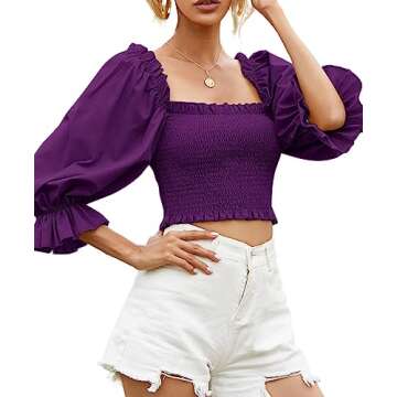 Rooscier Women's Puff Short Sleeve Square Neck Shirred Frill Sexy Crop Top Blouse