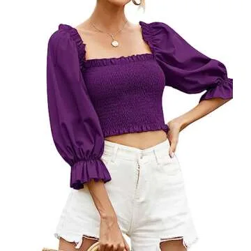 Rooscier Women's Puff Short Sleeve Square Neck Shirred Frill Sexy Crop Top Blouse