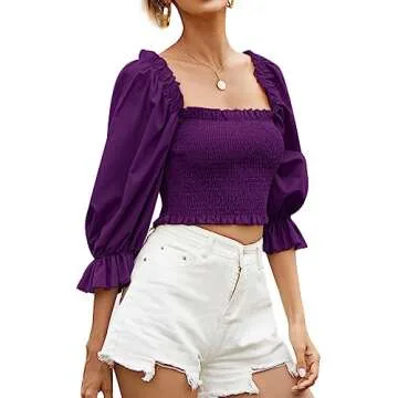 Rooscier Women's Puff Short Sleeve Square Neck Shirred Frill Sexy Crop Top Blouse
