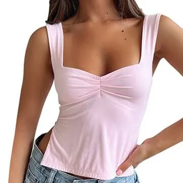 Women's Y2K Sleeveless Strappy Crop Tops Ruched Sweetheart Neck Backless Cropped Tank Top Slits Cami Shirt (A-Pink, M)