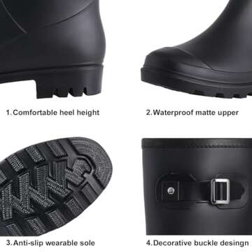 Evshine Women's Mid Calf Rain Boots Waterproof Garden Shoes Matte Black, 38