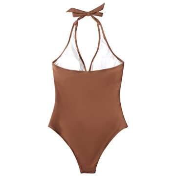 SUUKSESS Women Sexy Tummy Control One Piece Swimsuits Halter Push Up Monokini Bathing Suits (Brown, XL)