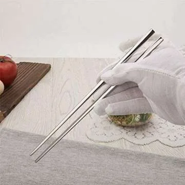 Korean Chopsticks and Spoon Set with Long Flat Hand, Metal Durable Stainless Steel Flatware, Dishwasher Safe, 3 Set. (Gold)