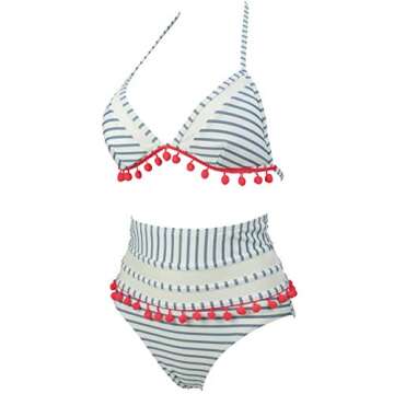 COCOSHIP Slategray & White Striped High Waist Bikini Set Red Tassel Trim Top Halter Straps Swimsuit Bathing Suit 8(FBA)