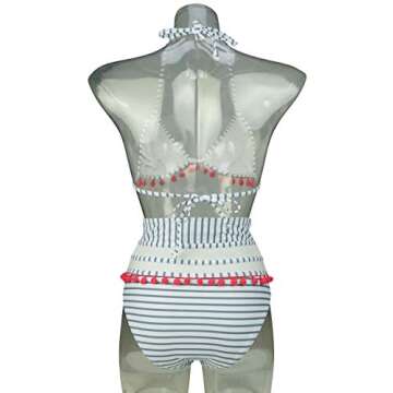 COCOSHIP Slategray & White Striped High Waist Bikini Set Red Tassel Trim Top Halter Straps Swimsuit Bathing Suit 8(FBA)