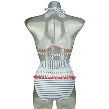 COCOSHIP Slategray & White Striped High Waist Bikini Set Red Tassel Trim Top Halter Straps Swimsuit Bathing Suit 8(FBA)