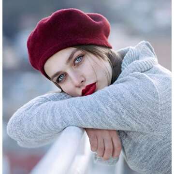 Women French Wool Beret Hats - Solid Color Classic Beanie Winter Cap(Wine red)
