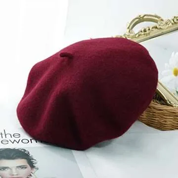 Classic Women French Wool Beret - Wine Red Cap