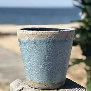 WHW Whole House Worlds Beach Chic Turquoise Cone Cache Pot Planter, Terracotta, Crackle Glaze, Distressed, Worn Exposed Patches, Shabby Style, 6 1/4 Diameter x 6 1/4 Inches Tall