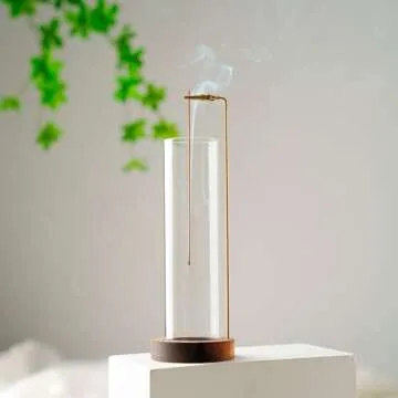 Incense Holder for Sticks, Anti-Ash Flying Incense Burner with 30 Incense Sticks, Detachable Glass Ash Catcher (Wood, Brown)