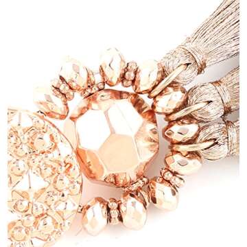 Boderier Bohemian Statement Thread Tassel Chandelier Drop Dangle Earrings with Cassandra Button Stud (Rose Gold)