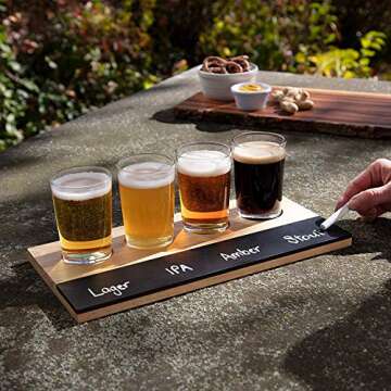 D'Eco Beer Tasting Flight Sampler Board - Set Includes Four 6 oz Pilsner Craft Brew Glasses & Wooden Paddle w Chalkboard - For Game Nights, Date Nights & Taste Testing Ales - Gift for Him