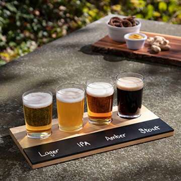 D'Eco Beer Tasting Flight Sampler Board - Set Includes Four 6 oz Pilsner Craft Brew Glasses & Wooden Paddle w Chalkboard - For Game Nights, Date Nights & Taste Testing Ales - Gift for Him