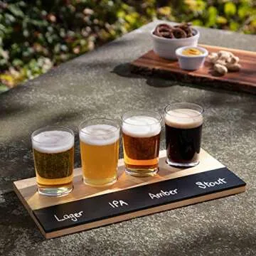 D'Eco Beer Tasting Flight Sampler Board - Set Includes Four 6 oz Pilsner Craft Brew Glasses & Wooden Paddle w Chalkboard - For Game Nights, Date Nights & Taste Testing Ales - Gift for Him