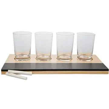 D'Eco Beer Tasting Flight Sampler Board - Set Includes Four 6 oz Pilsner Craft Brew Glasses & Wooden Paddle w Chalkboard - For Game Nights, Date Nights & Taste Testing Ales - Gift for Him
