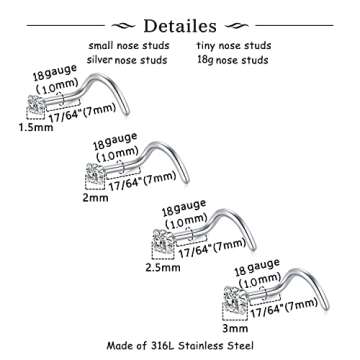 MODRSA Nose Studs 18 Gauge Nose Rings Studs Corkscrew Nose Rings Nose Ring Studs Nose Studs 18g Stainless Steel Nose Stud Screw Tiny Silver Nostril Piercing Stud for Women Men