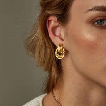 ASCOMY Earrings for Women Chunky Gold Earrings 14K Gold Plated Geometric Drop Dangle Earring Knot Stud Long Twisted Link Earring Multiple Styles Fashion Earring Jewelry Gift for Women
